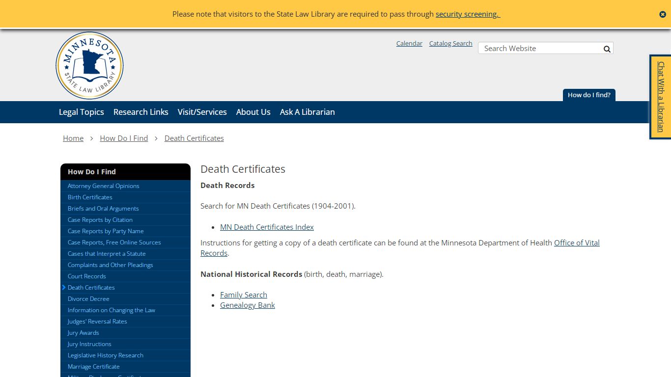 Death Certificates / Minnesota State Law Library